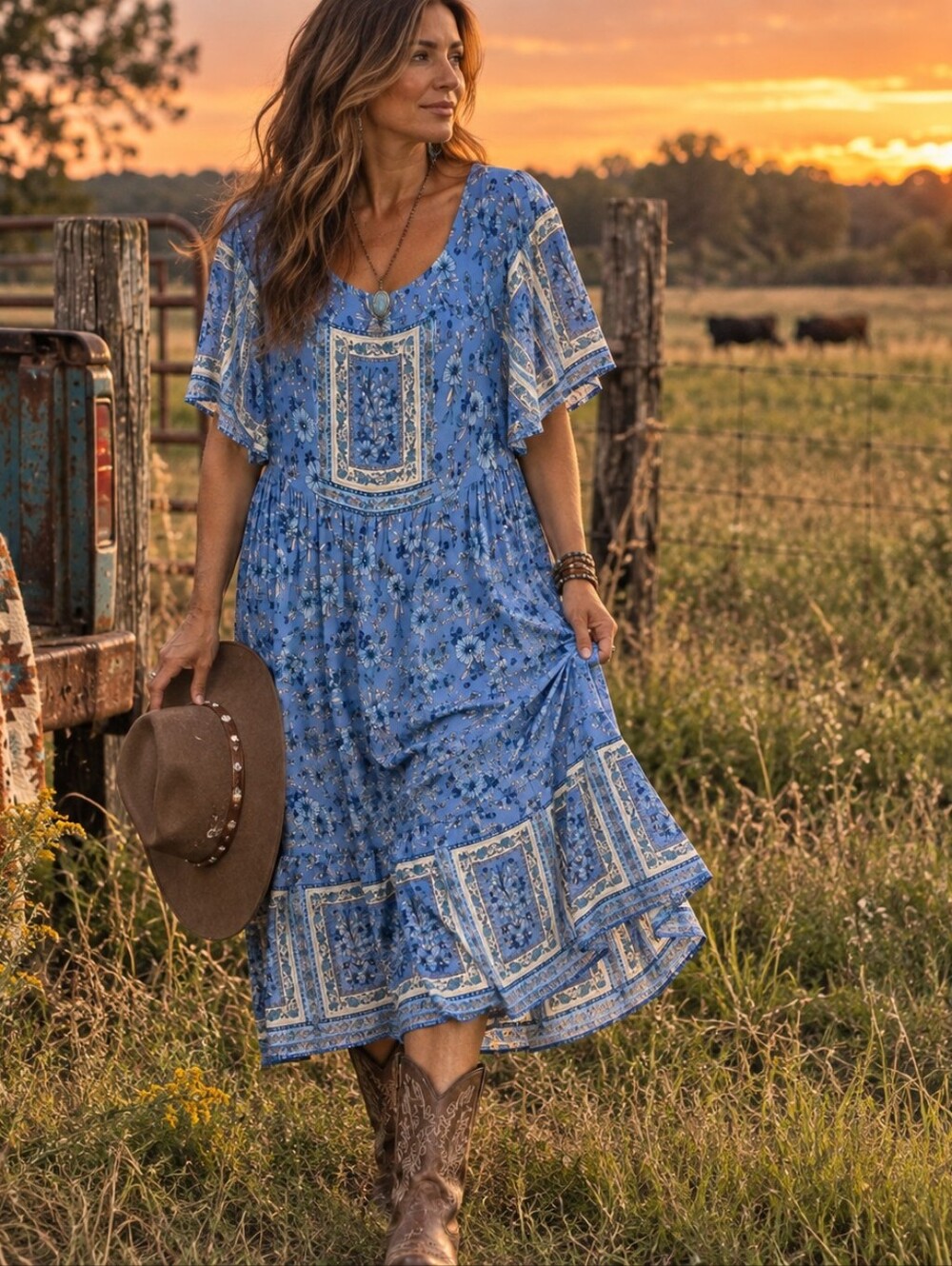 Rusttydustty 3XL Blue Floral Boho Maxi Dress Western Prairie Country Cowgirl